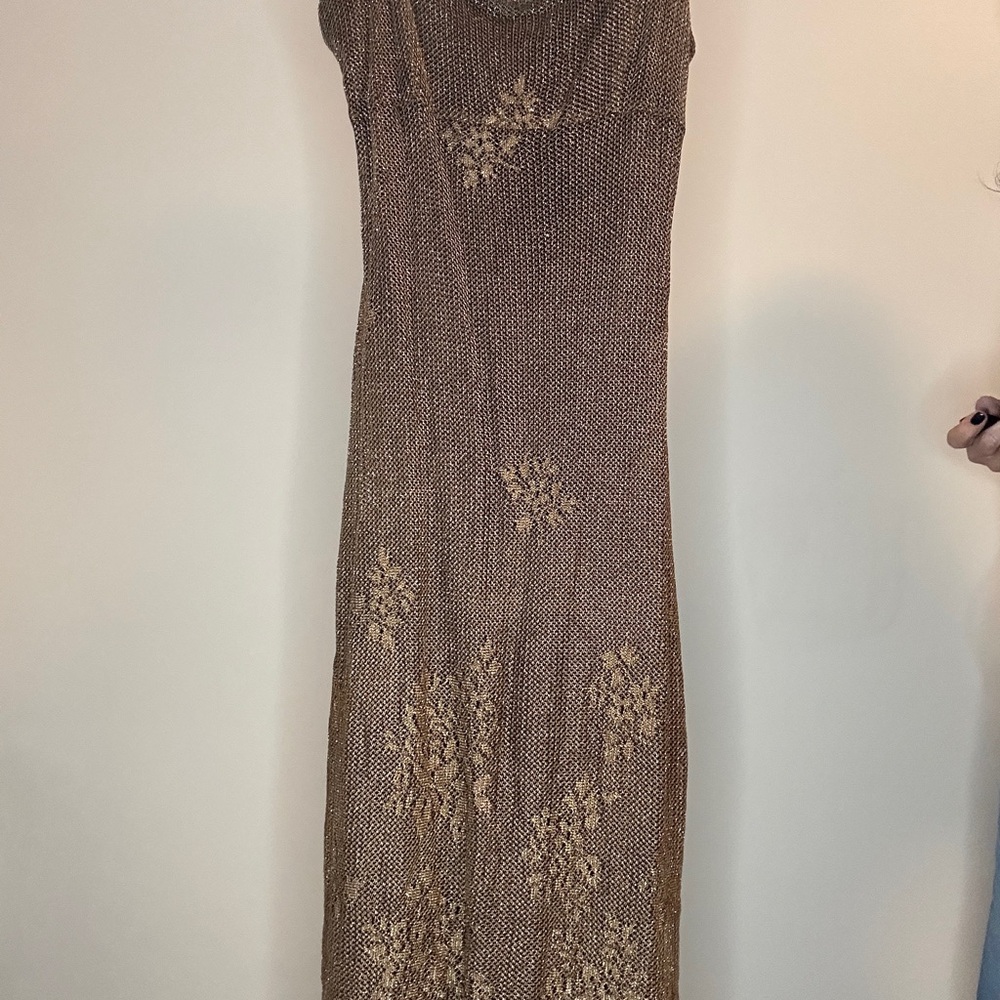 Vintage Betsey Johnson Gold Floral Fringed Evening Dress
